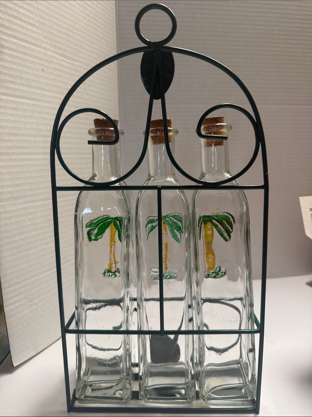 Palm Tree Glass Bottle Set with Metal Carrier - Clear, Green, Yellow - Picture 3 of 4